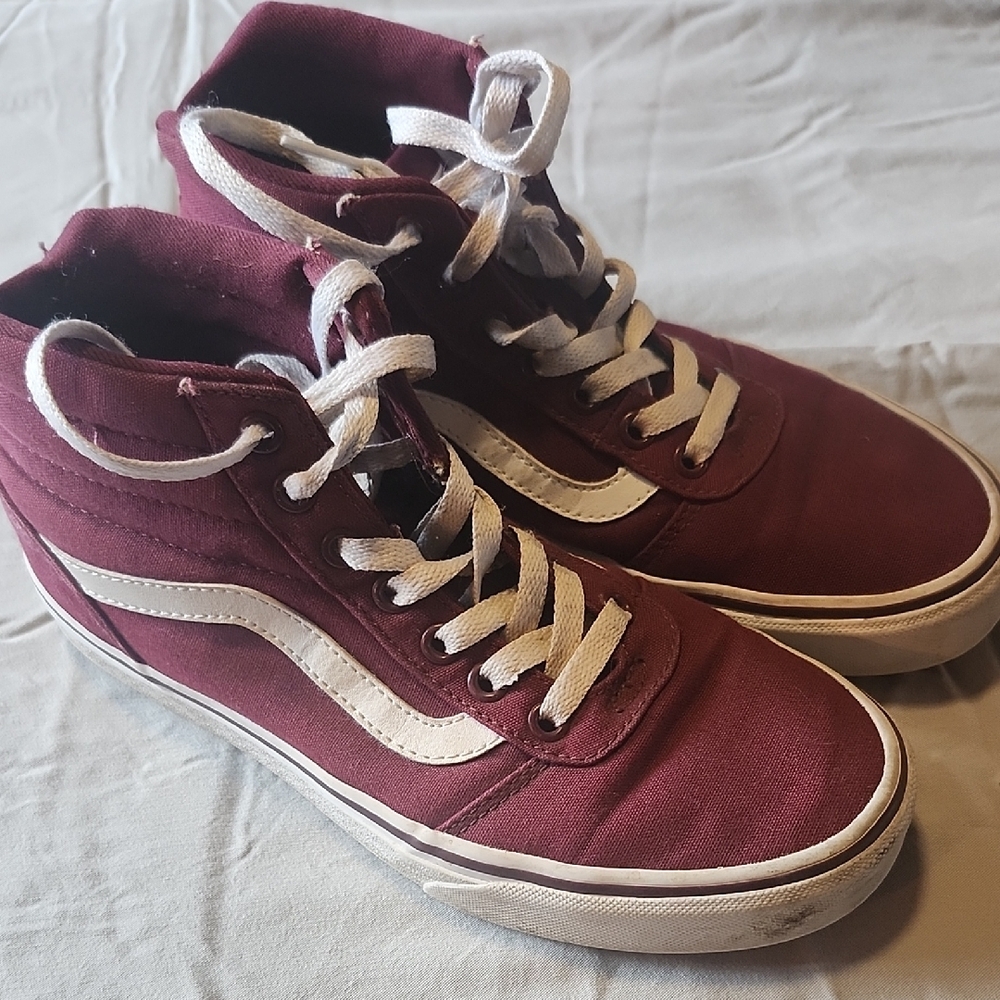 Vans Red High-Top Sneakers with White Stripe and Thick Sole